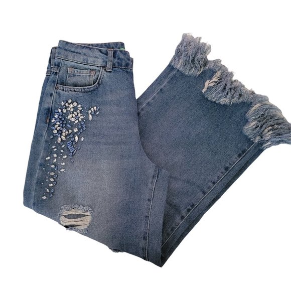 Blue Flare Jeans with Distressed Details and Rhinestone Embellishments - Picture 1 of 8